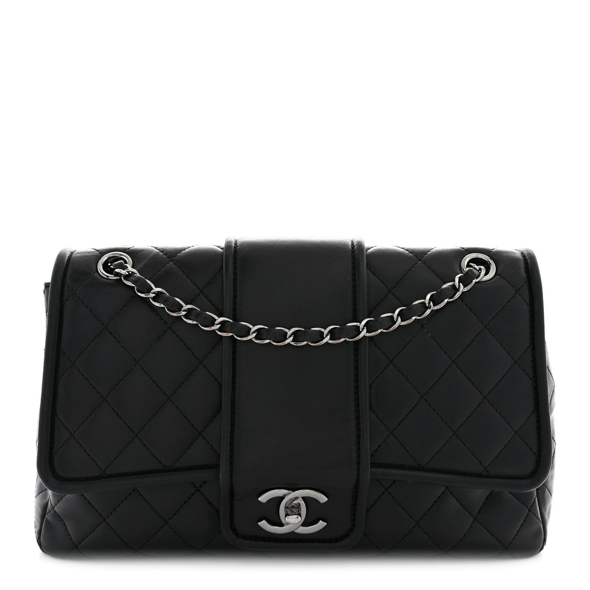 Quilted Lambskin Flap Shoulder Bag - Black