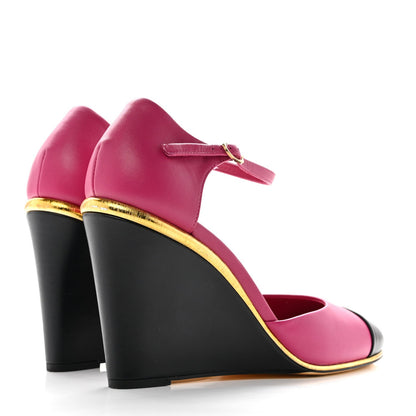 Chanel Lambskin Cap Toe Women's Open Wedge Pumps 40 Fuchsia Black