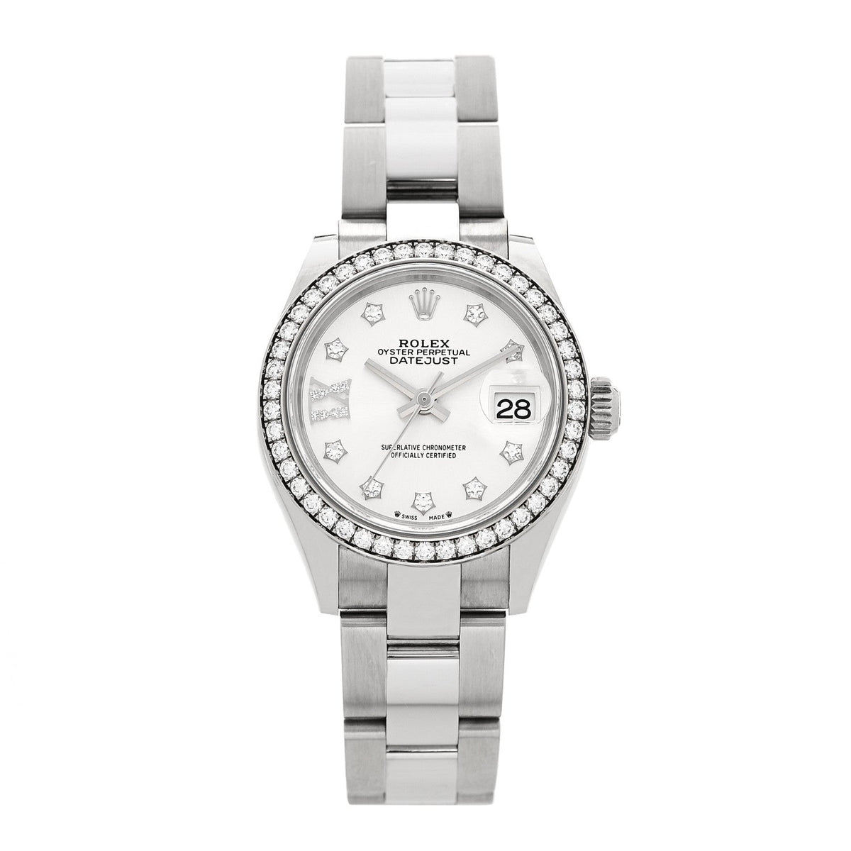 Rolex Stainless Steel 18K White Gold Diamond 28mm Oyster Perpetual Datejust Watch Silver 279384RBR