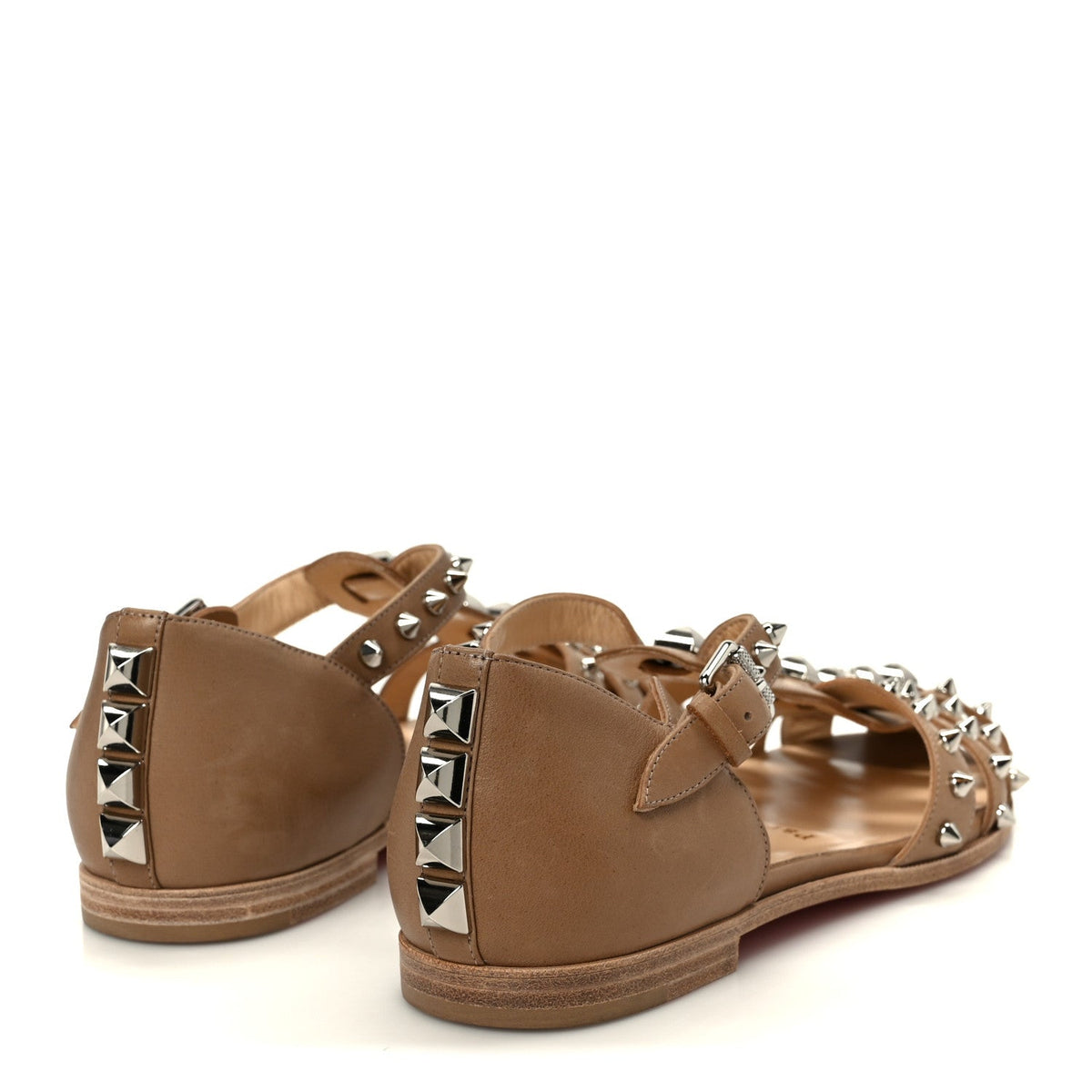 Christian Louboutin Calfskin Women's Loubiclou Studded Cage Flat Sandals 37 Beige