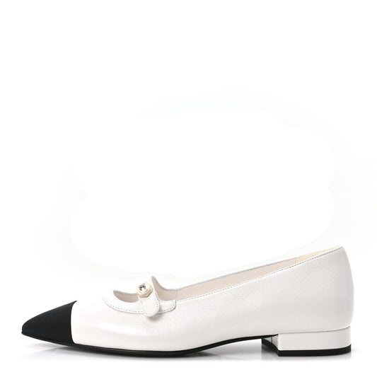 Shiny Lambskin Grosgrain Pearl Mary Janes Flats White Black