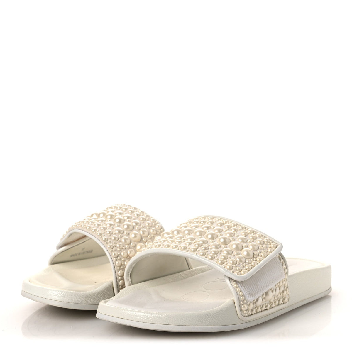 Jimmy Choo Canvas Rubber Women's Pearl Embellished Fitz Slide Sandals 37 White