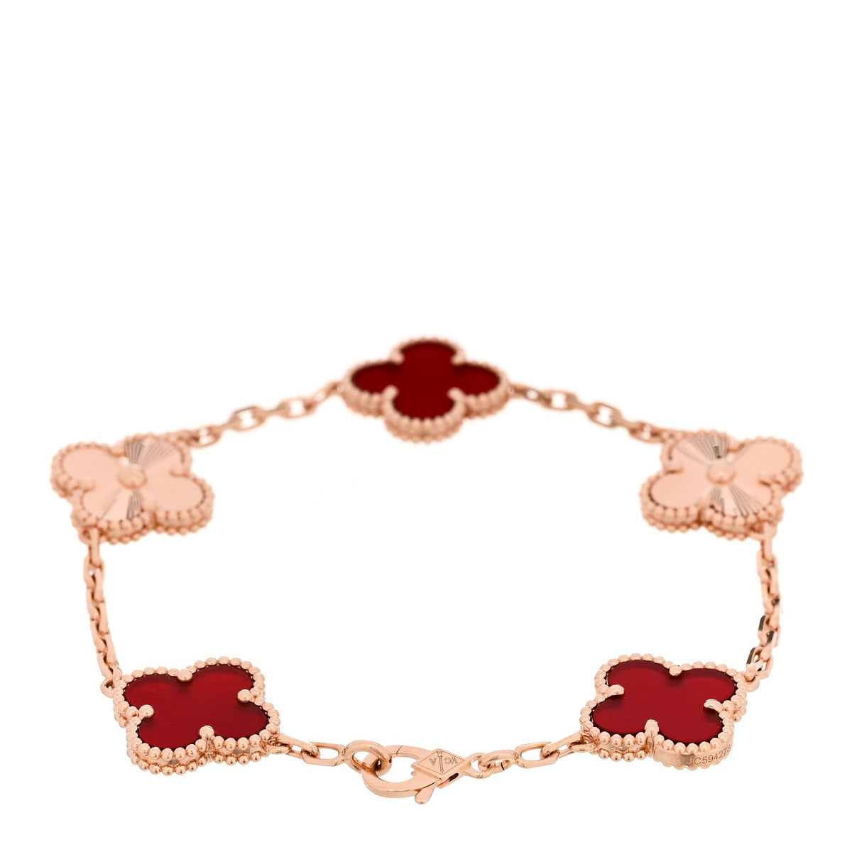 18K Rose Gold Carnelian 5 Motifs Guilloche Vintage Alhambra Bracelet