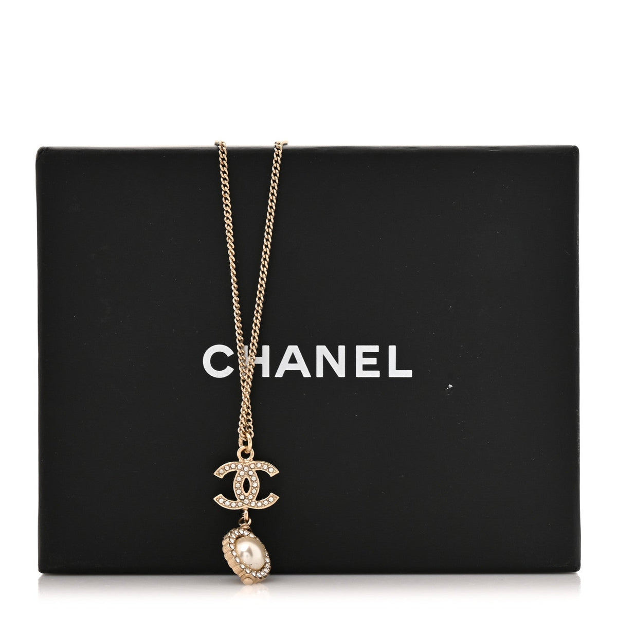 Pearl Crystal CC Pendant Necklace Gold