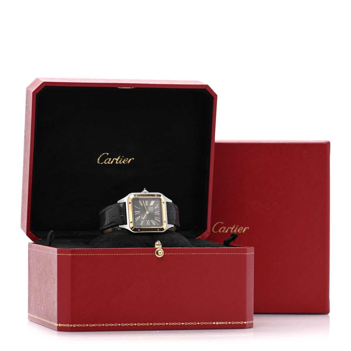 Cartier Stainless Steel 18K Yellow Gold Alligator 31.4mm Santos Dumont Watch Grey