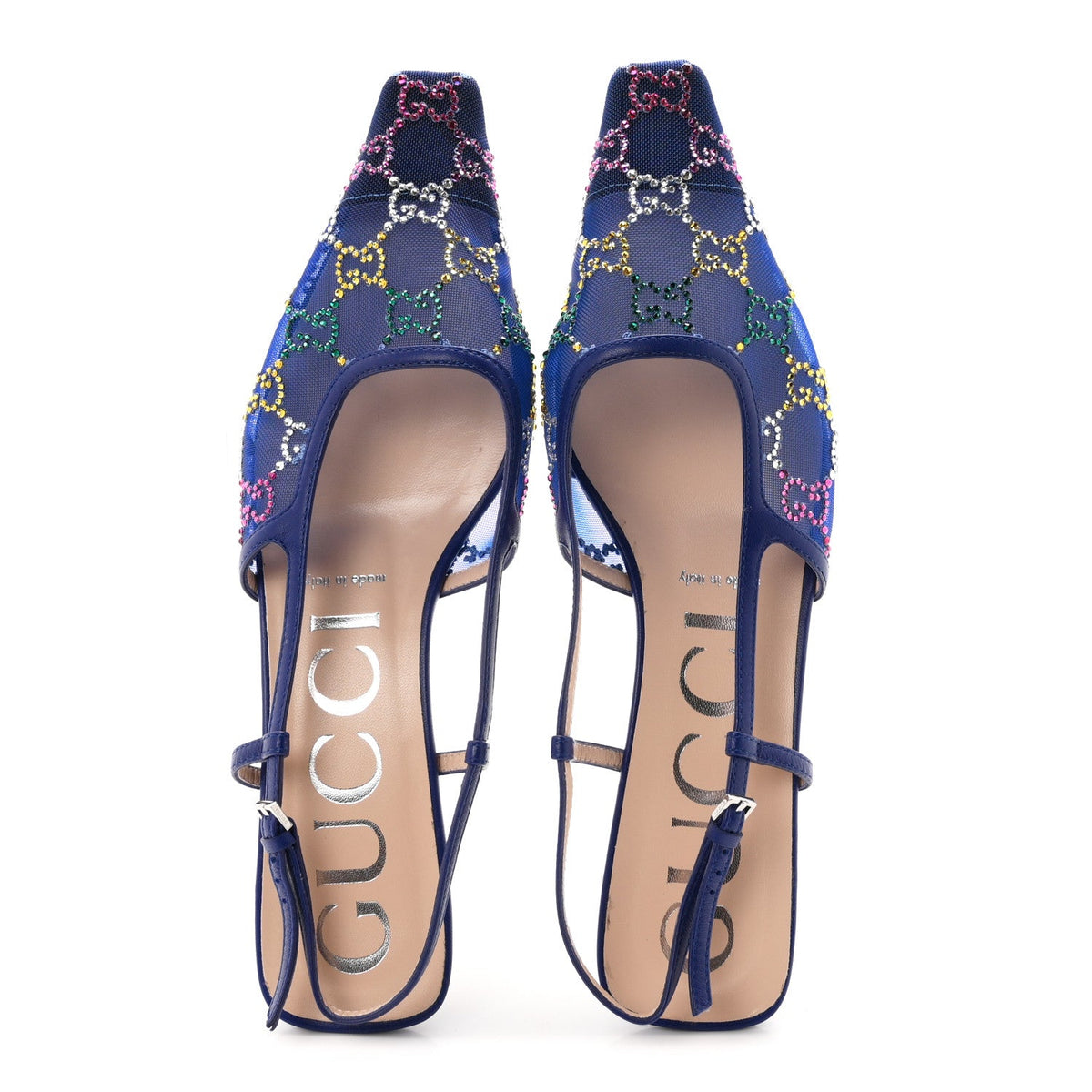 Gucci Tela Retino Nappa Women's Charlotte 35mm Slingback Pumps 38 Splash Net Blue
