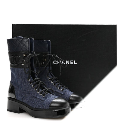 Chanel Fabric Patent Lambskin Women's Quilted CC Lace Up Combat Boots 36.5 Navy Blue Black