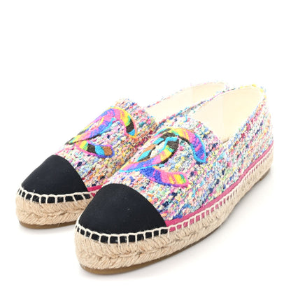 Chanel Cotton Tweed Grosgrain Women's CC Espadrilles 41 Multicolor Black