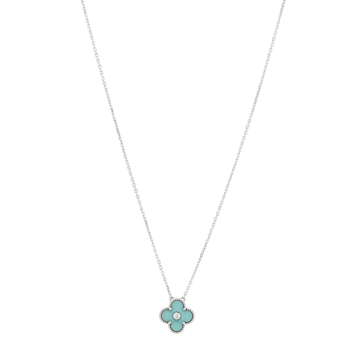 18K White Gold Diamond Celadon Green Sevres Porcelain Vintage Alhambra Pendant Necklace