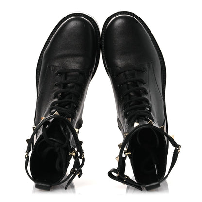 Valentino Garavani Calfskin Women's Rockstud Combat Ankle Boots 37 Black