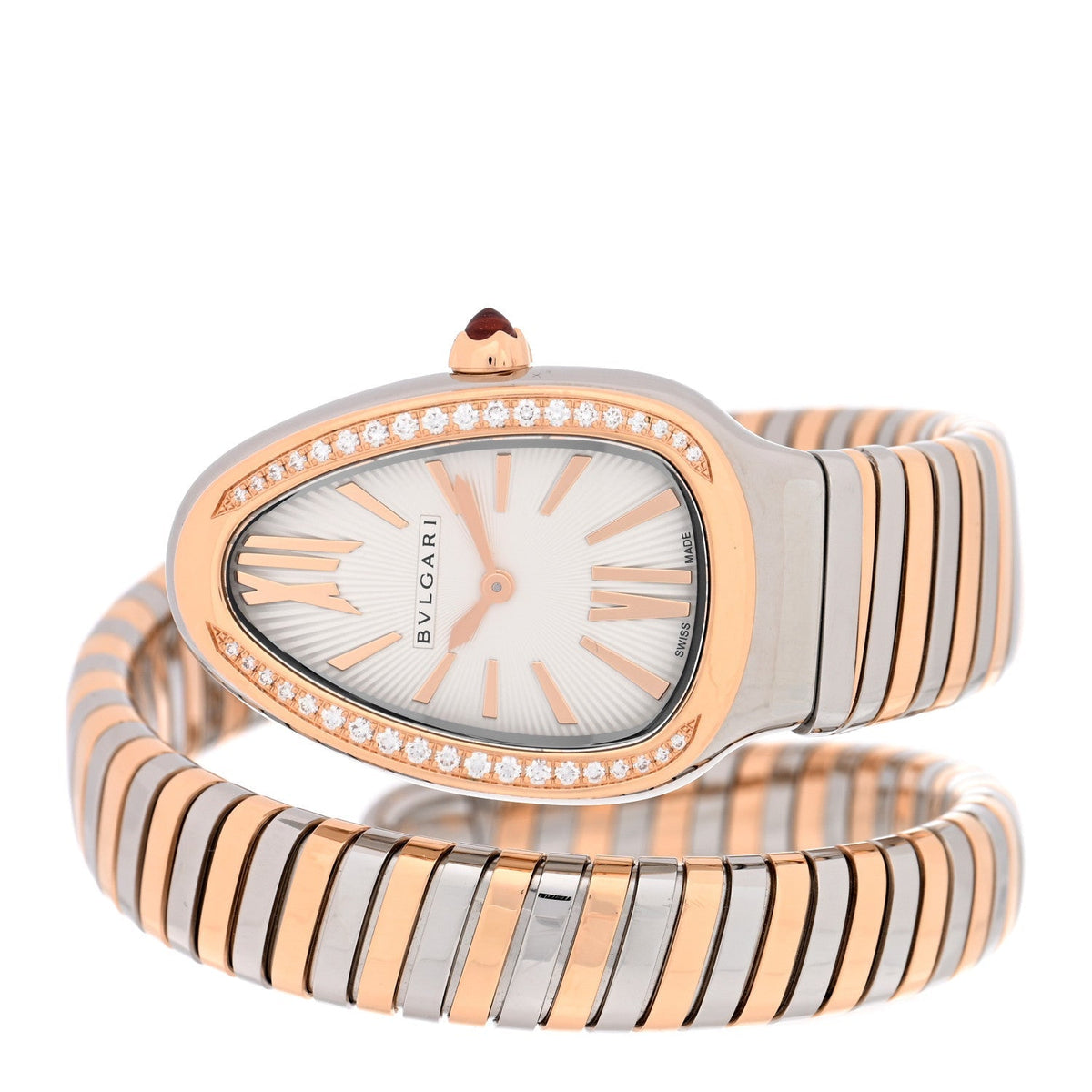 Bulgari Stainless Steel 18K Rose Gold Diamond 35mm Serpenti Tubogas Watch Silver