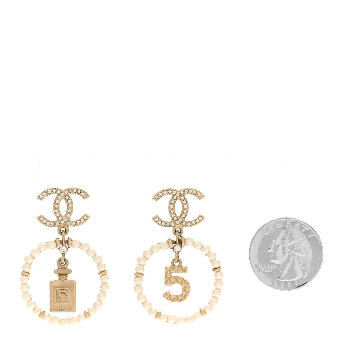 Crystal Pearl Chanel Charms CC Drop Earrings Gold