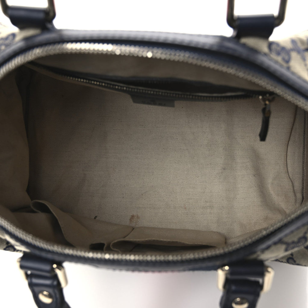 Gucci Monogram Selleria Calfskin Vintage Web Medium Boston Beige Blue