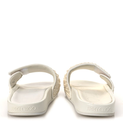 Jimmy Choo Canvas Rubber Women's Pearl Embellished Fitz Slide Sandals 37 White
