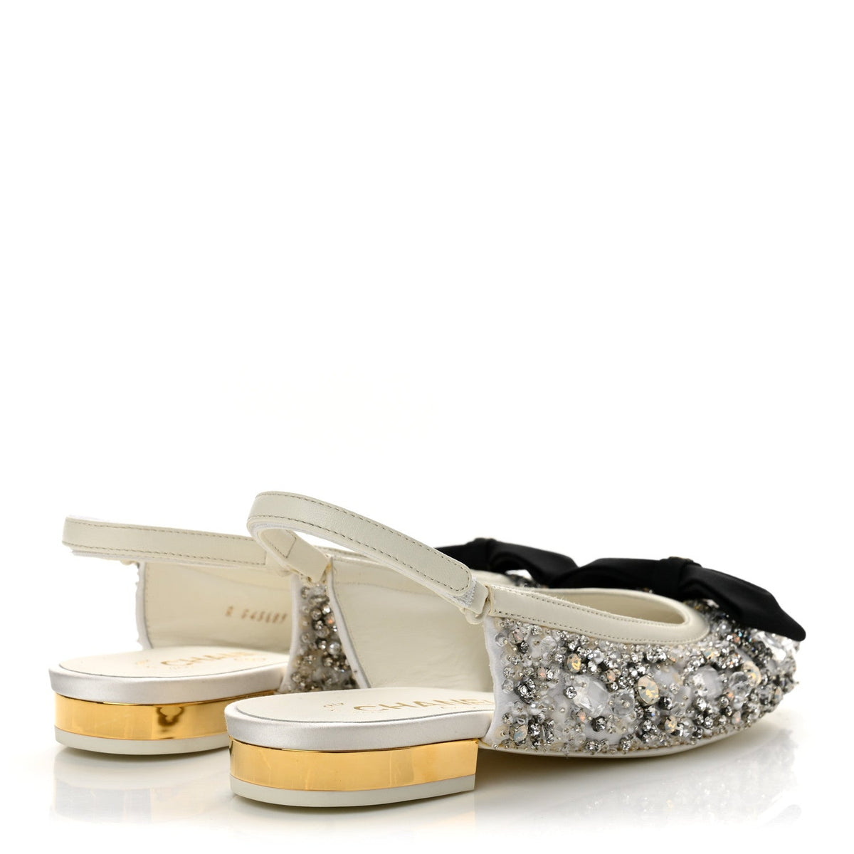 Chanel Satin Crystal Grosgrain Bow CC Slingback Women's Flats