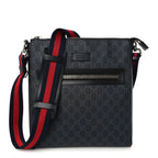 Gucci GG Supreme Calfskin Web Flat Messenger Bag Black Grey