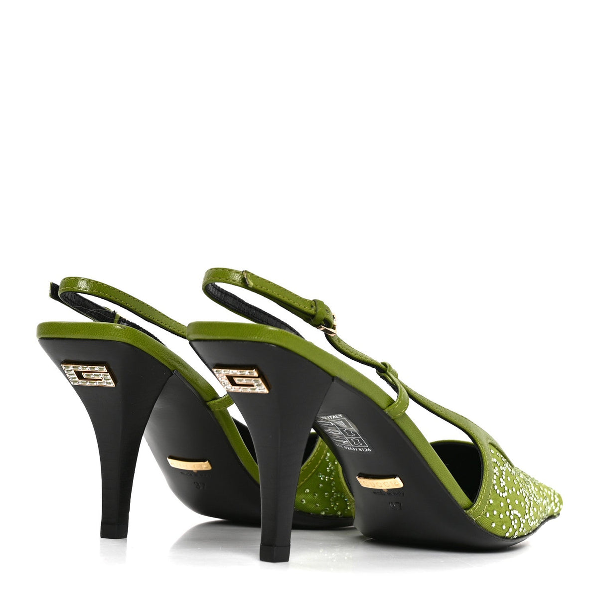 Gucci Moire Fabric Women's Crystal GG Slingback Pumps 37 Lemon Leaf