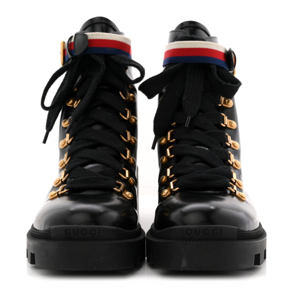 Gucci Calfskin Sylvie Web Women's Lace Up Combat Boots 38 Black