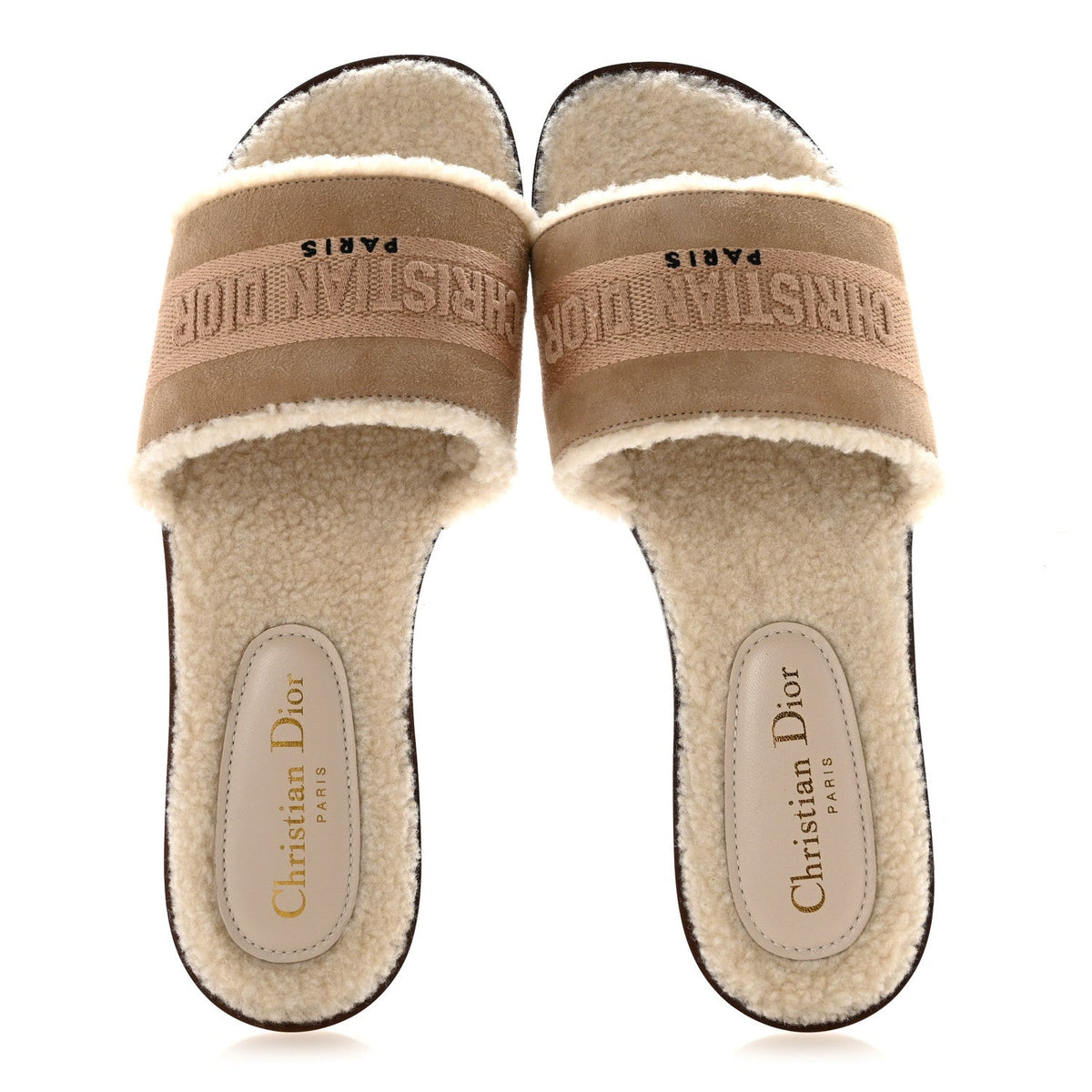 Christian Dior Suede Shearling Women's Dway Slide Sandals 38 Cookie
