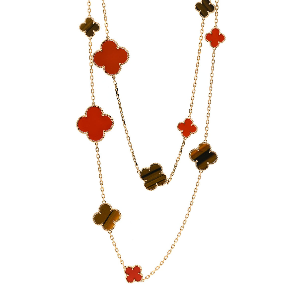 18K Yellow Gold Tiger Eye Carnelian 16 Motifs Magic Alhambra Necklace