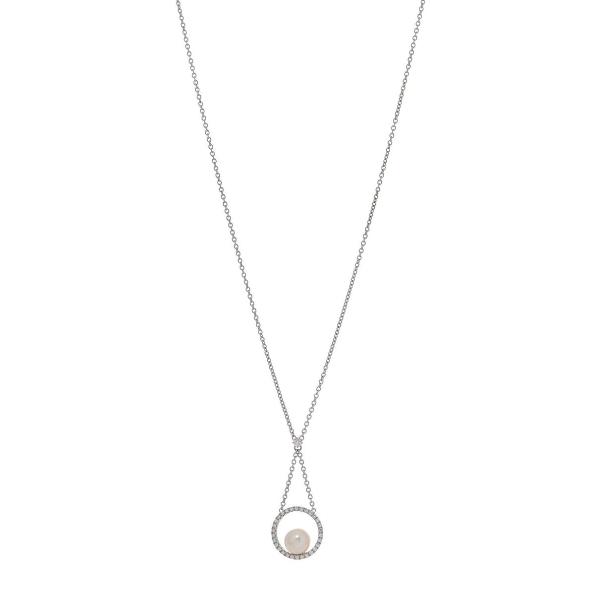 18K White Gold Diamond Akoya Pearl 7mm Circle Pendant Necklace