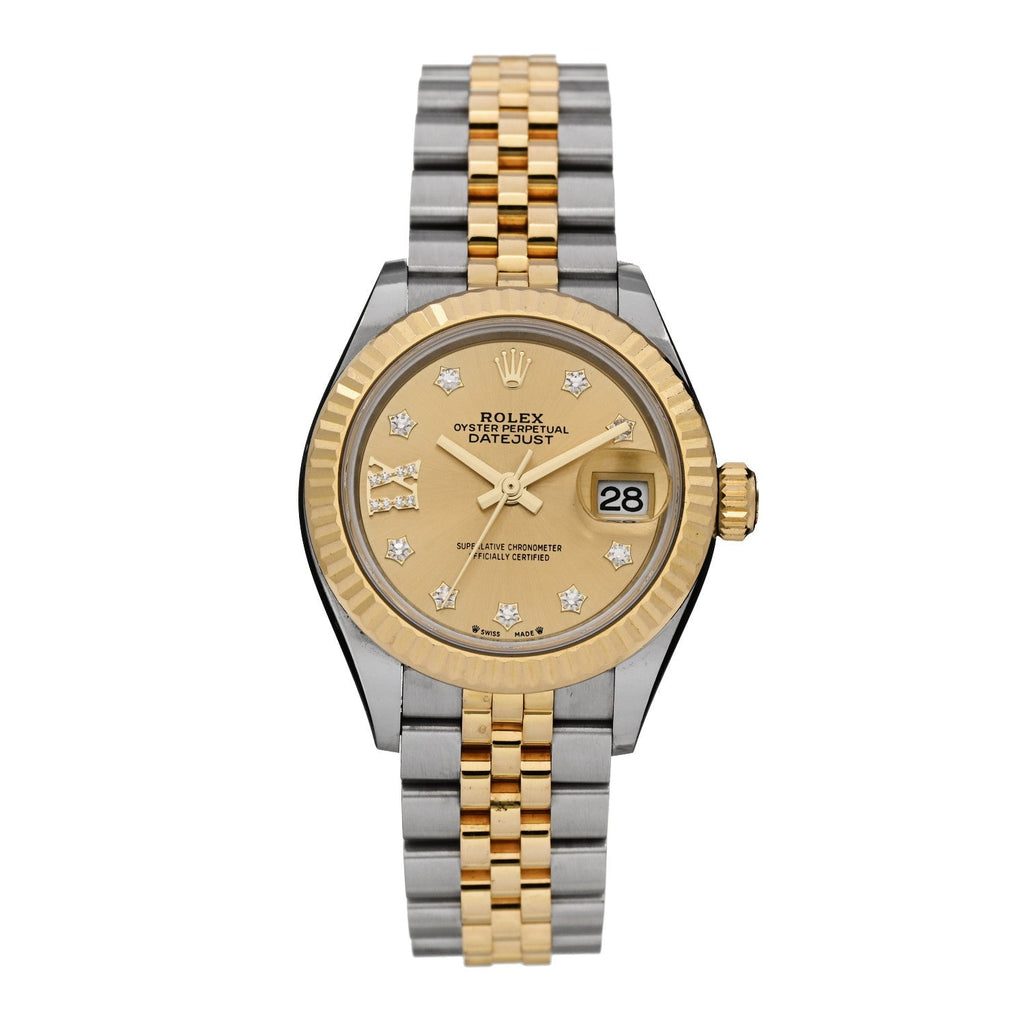 Rolex Stainless Steel 18K Yellow Gold Diamond 28mm Oyster Perpetual Datejust Watch Champagne Star 279173