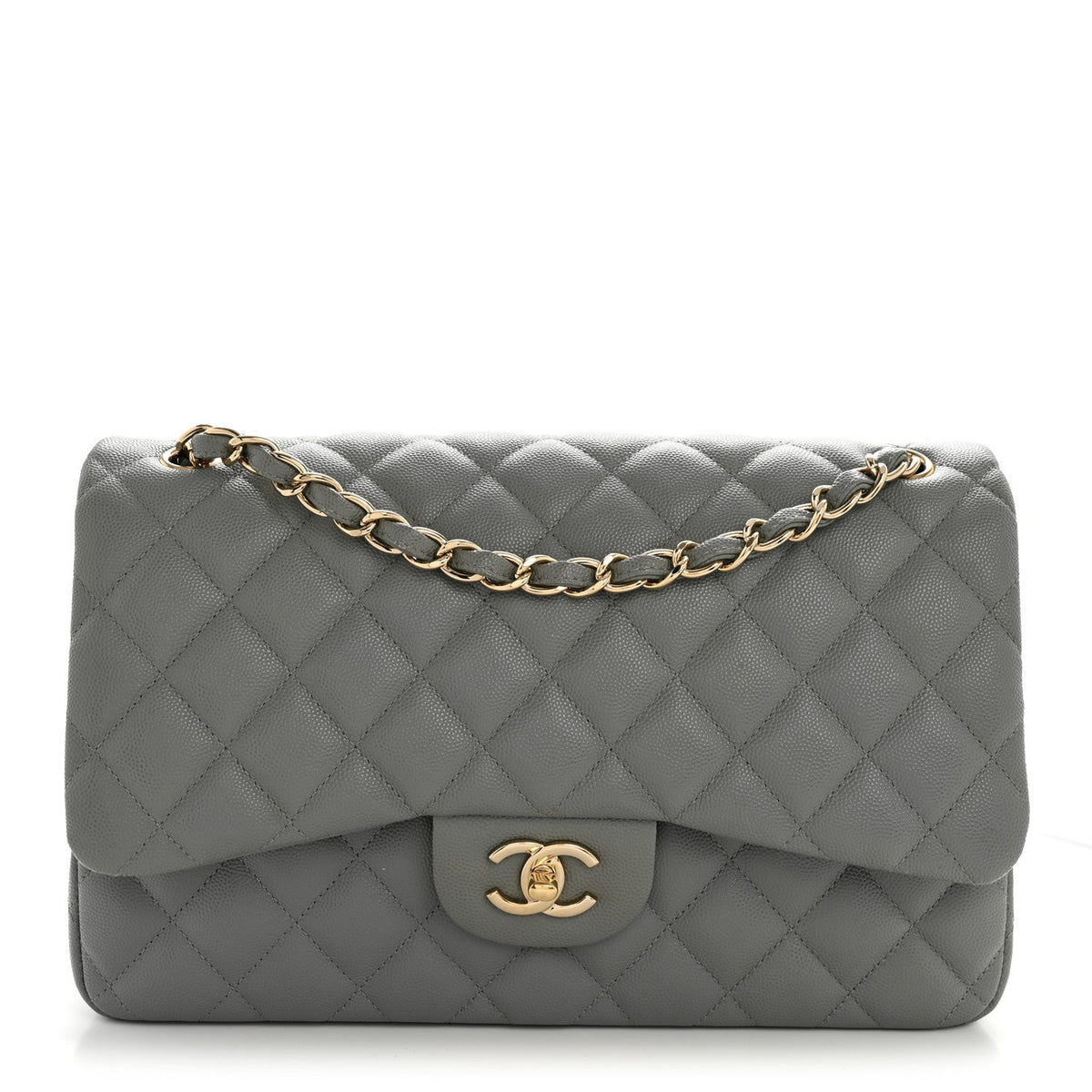 Quilted Caviar Flap Shoulder Bag - Grey