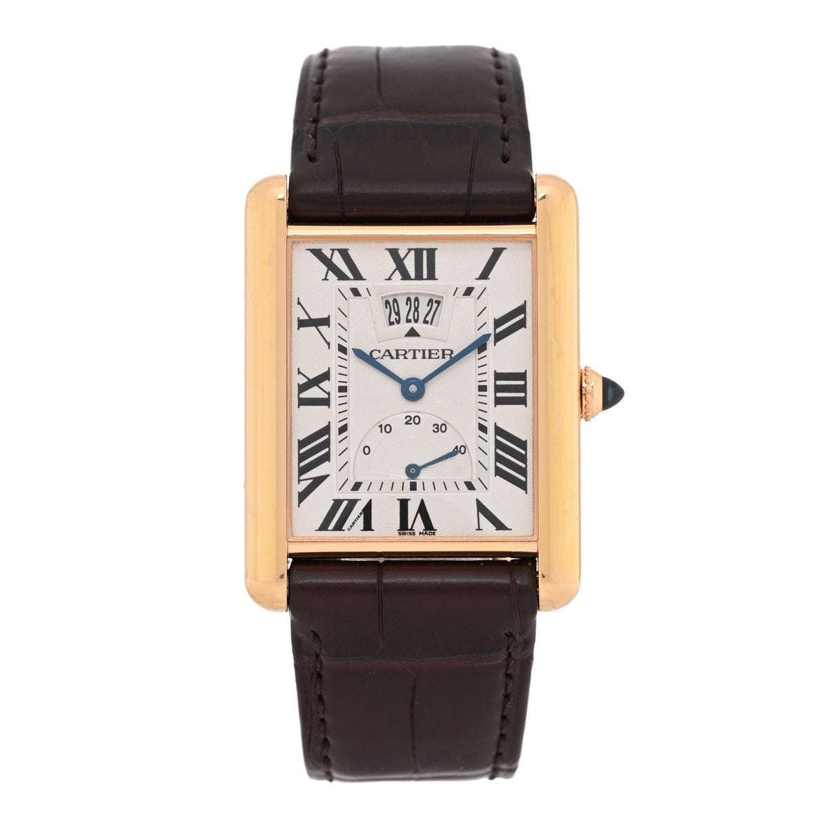Cartier 18K Pink Gold Alligator 30mm Tank Louis Watch Brown