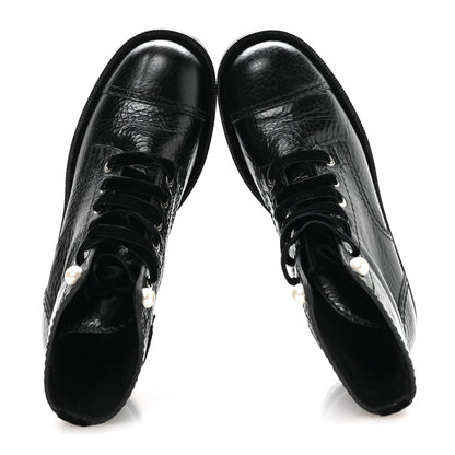 Chanel Shiny Calfskin Velvet Women's Combat Short Boots 37.5 Black