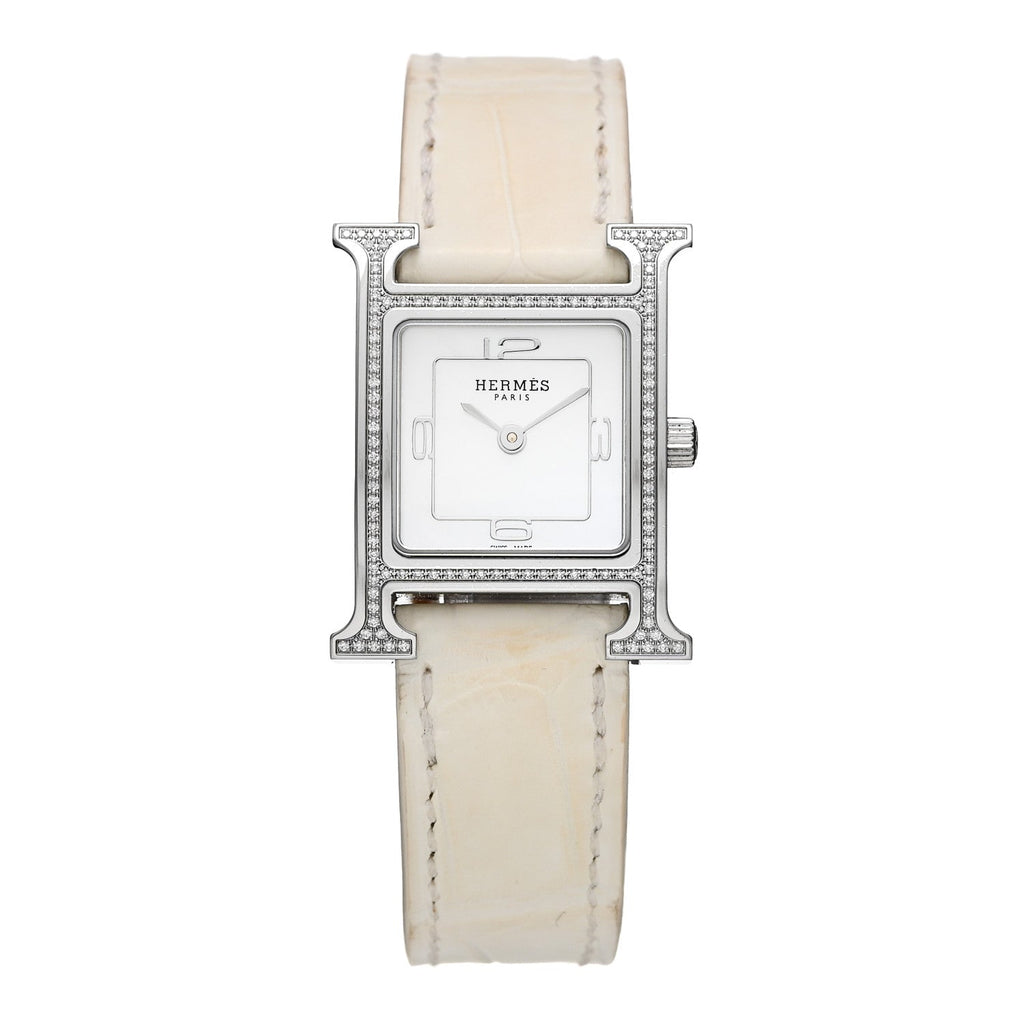 Hermès Stainless Steel Alligator Diamond 21mm Heure H Watch Blanc