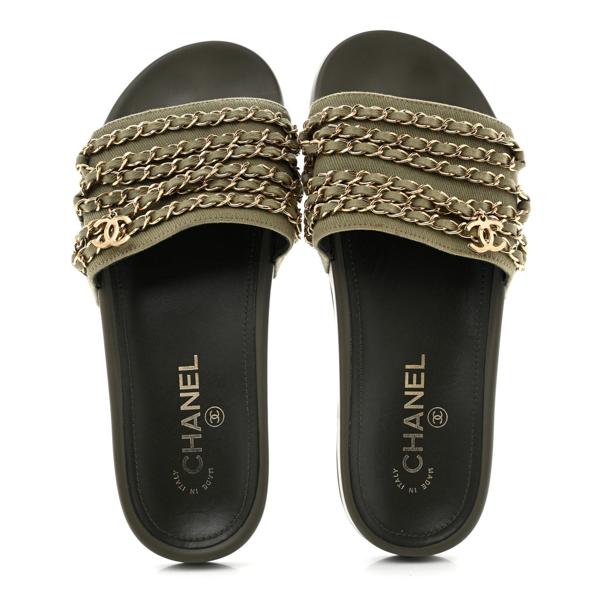 Chanel Canvas Women's Chain Flat Sandals 38 Khaki