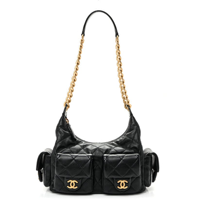 Quilted Lambskin Hobo Bag - Black