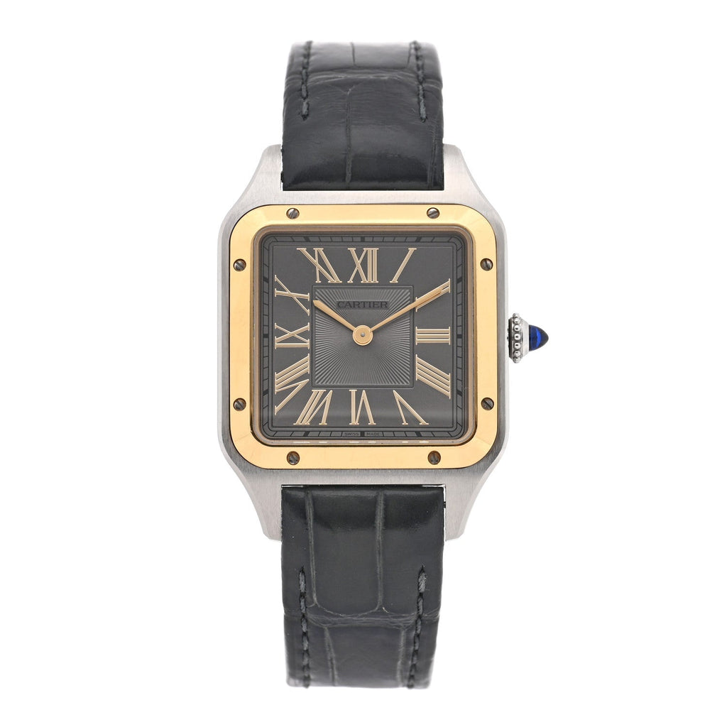 Cartier Stainless Steel 18K Yellow Gold Alligator 31.4mm Santos Dumont Watch Grey