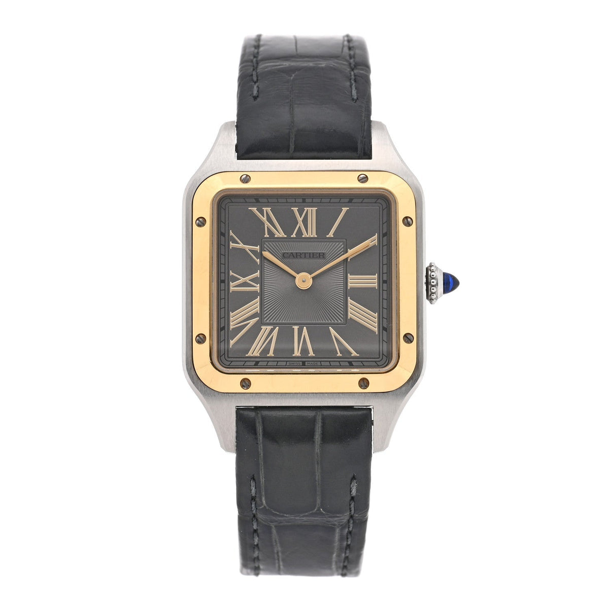 Cartier Stainless Steel 18K Yellow Gold Alligator 31.4mm Santos Dumont Watch Grey