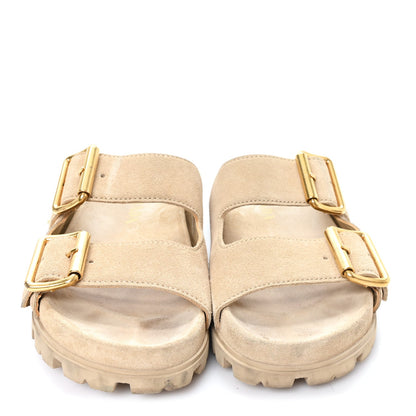 Prada Suede Women's Triangle Logo Slide Sandals 36 Ecru