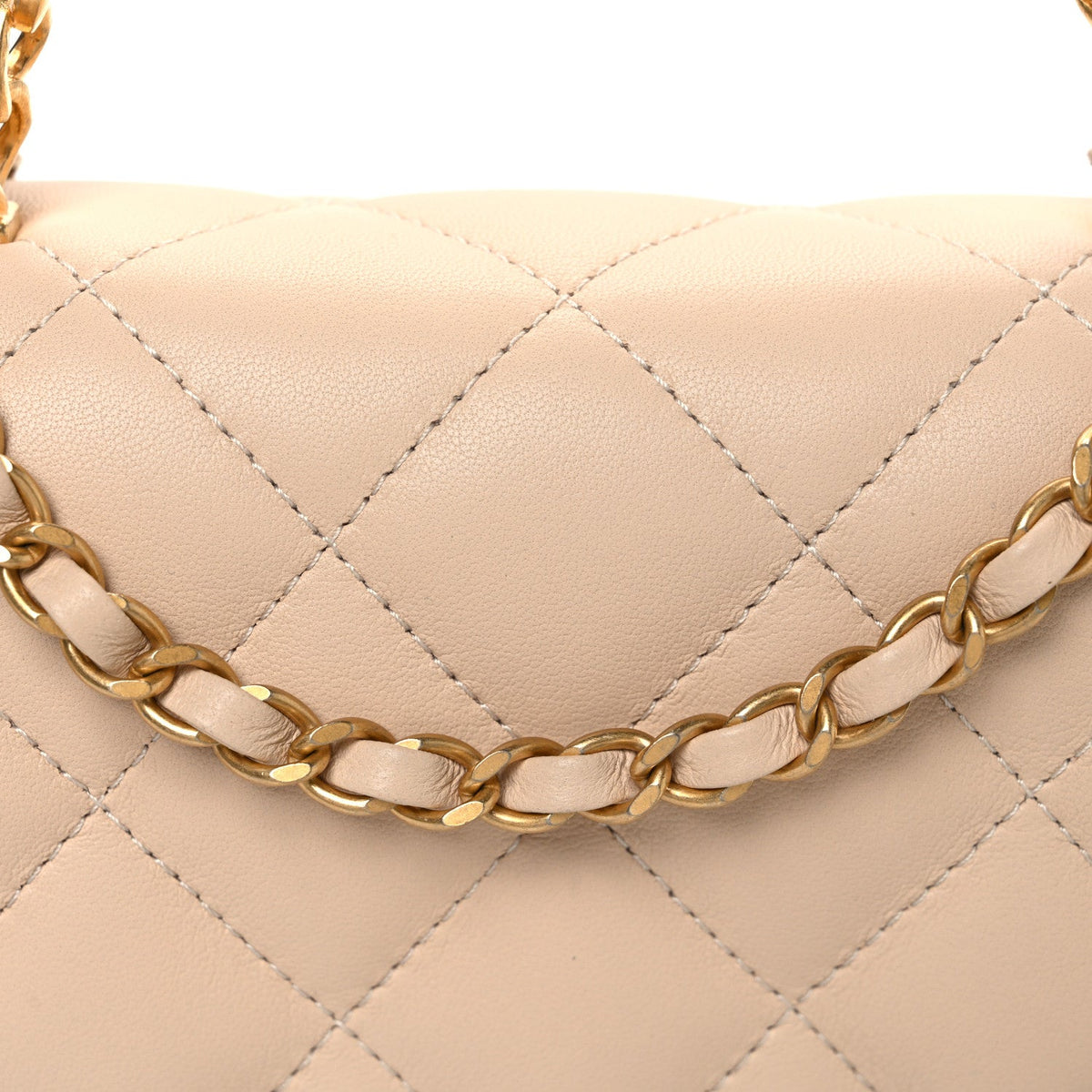 Chanel Lambskin Quilted Metal Enamel Top Handle Flap Beige