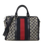 Gucci Monogram Selleria Calfskin Vintage Web Medium Boston Beige Blue