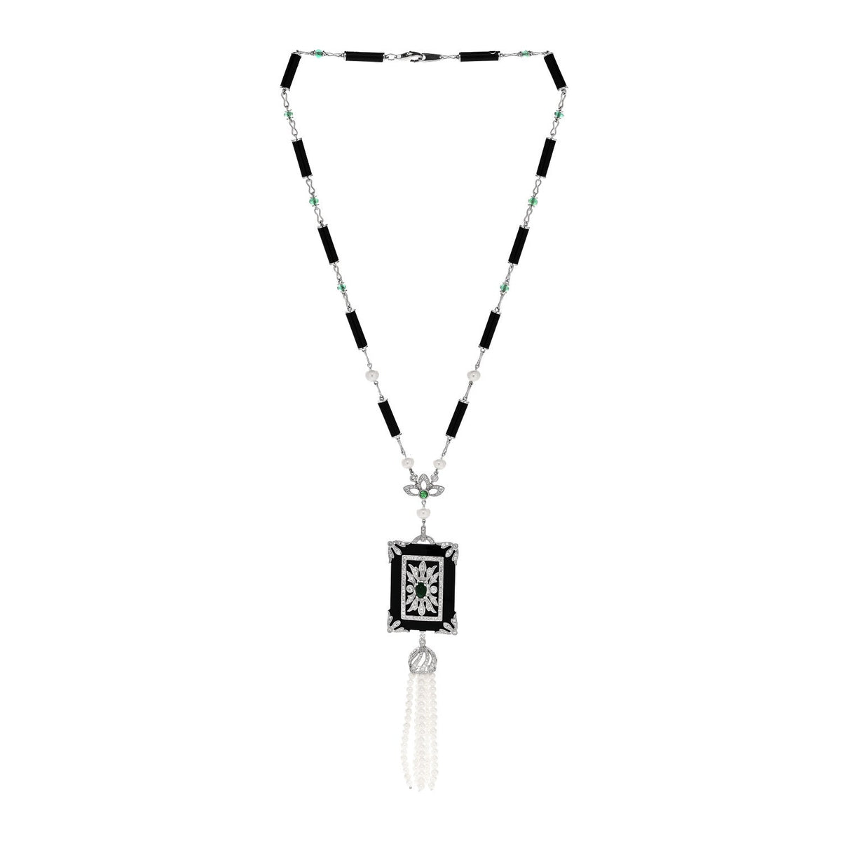Parker & West by FASHIONPHILE18K White Gold Diamond Emerald Black Onyx Cultured Pearl 1.45ctw Art Deco Tassel Pendant Necklace