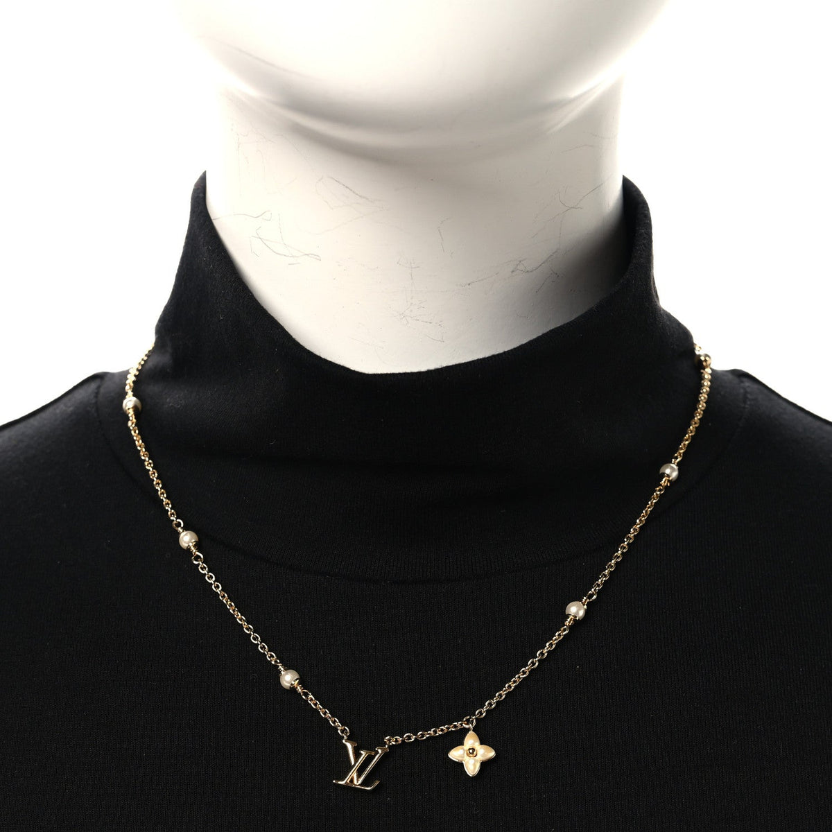 Metal Resin Pearl LV Floragram XS Necklace Gold White