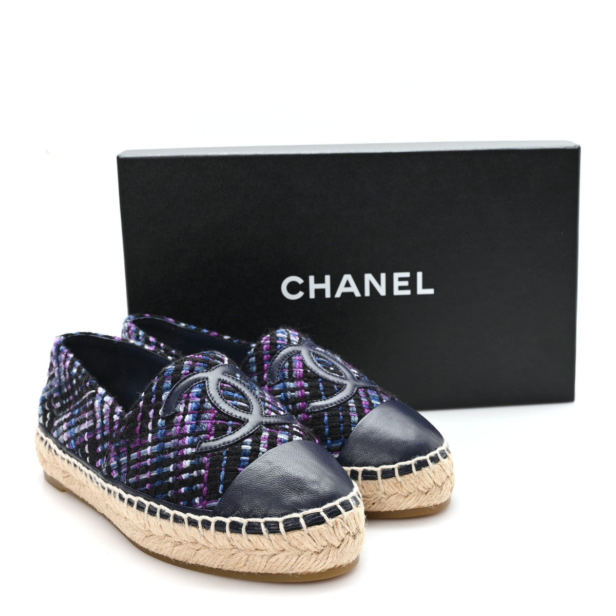 Chanel Tweed Grosgrain Women's CC Espadrilles 35 Purple Black Navy