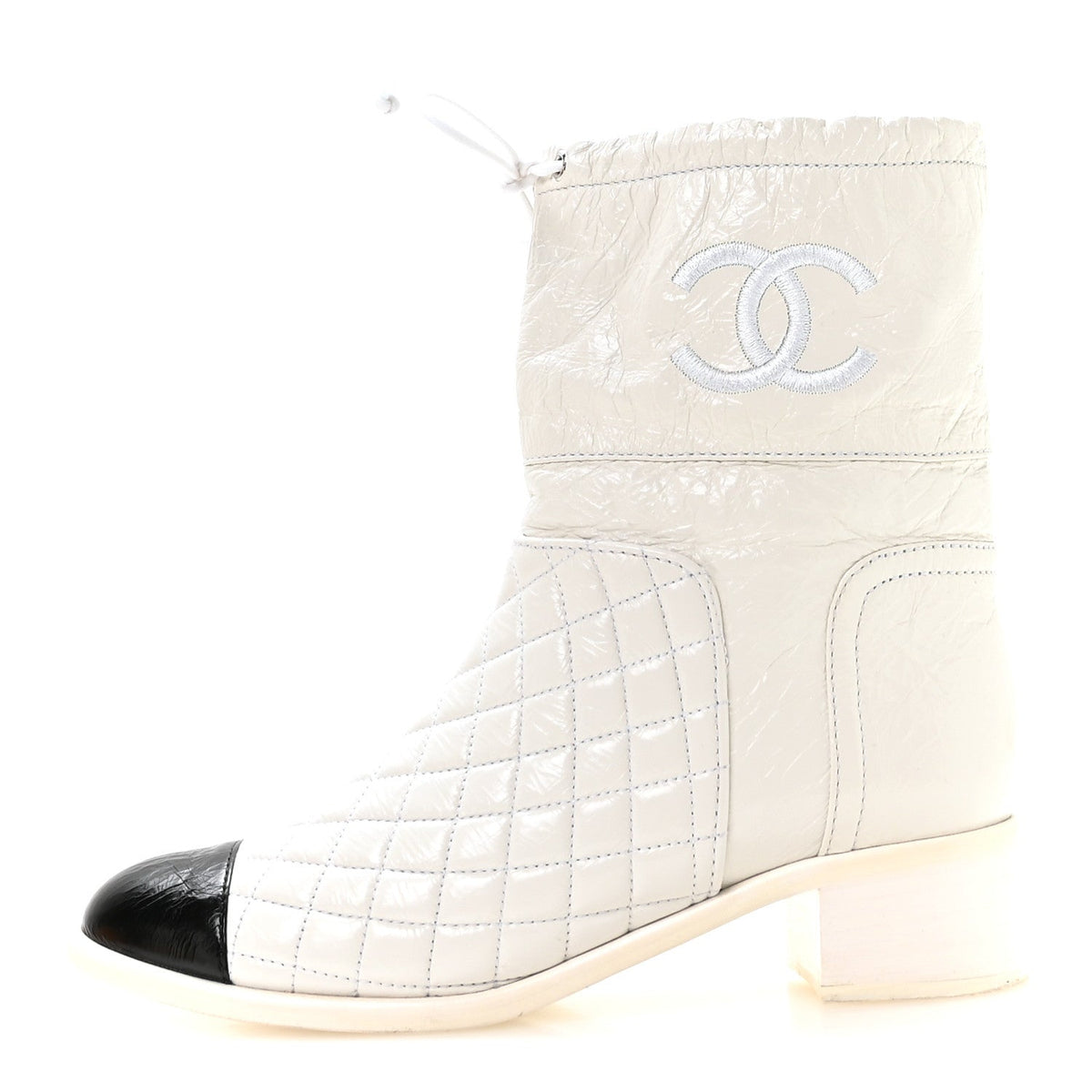 Distressed Patent Quilted Cap Toe Short Boots White Black