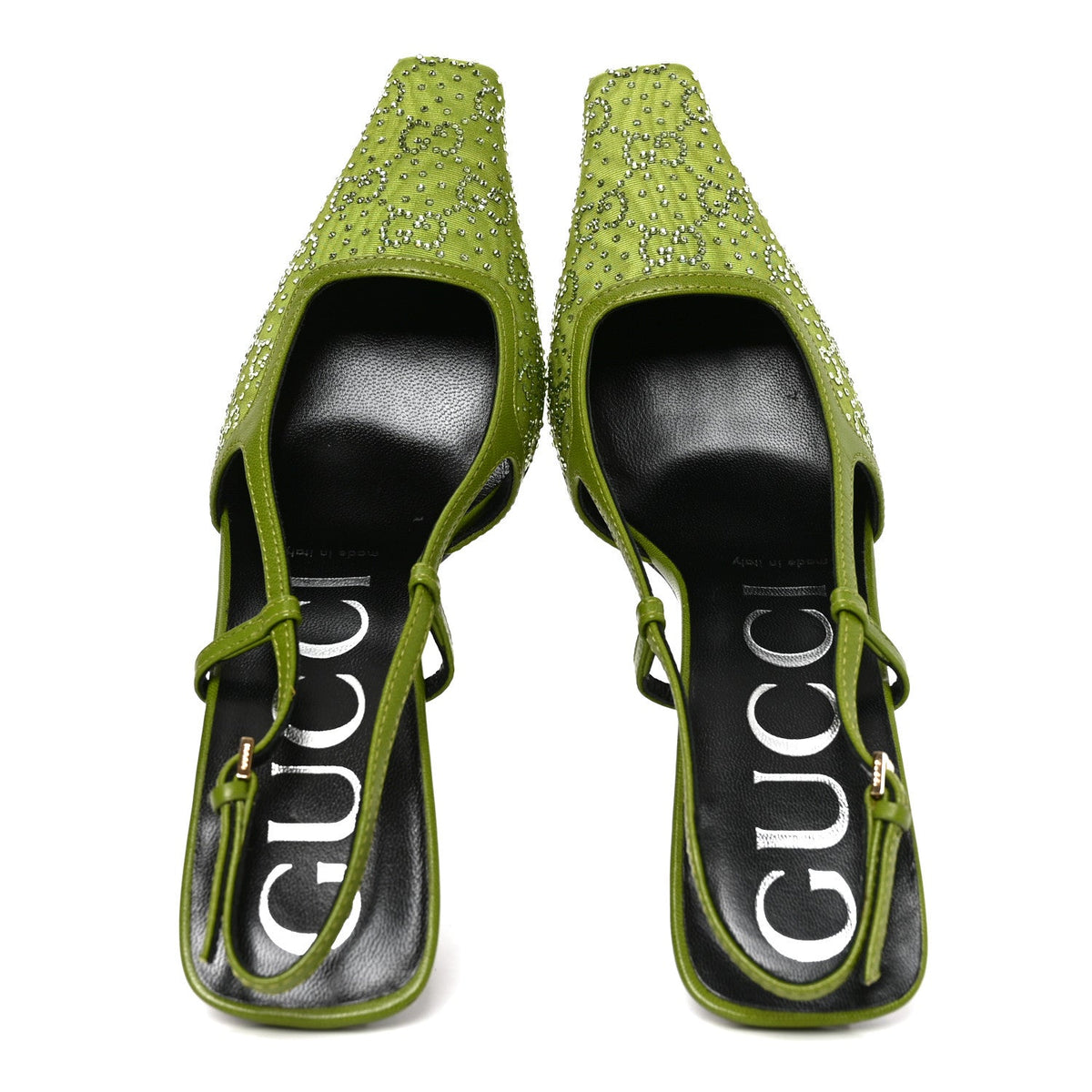 Gucci Moire Fabric Women's Crystal GG Slingback Pumps 37 Lemon Leaf