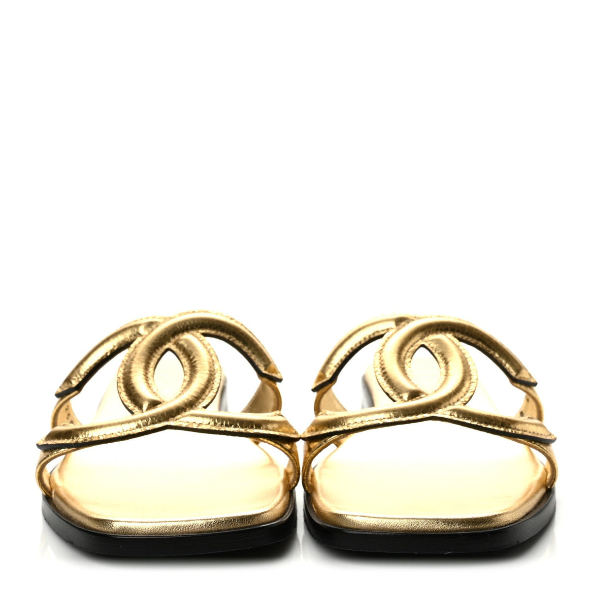 Chanel Crackled Laminated Calfskin CC Cut Out Women's Mules Gold