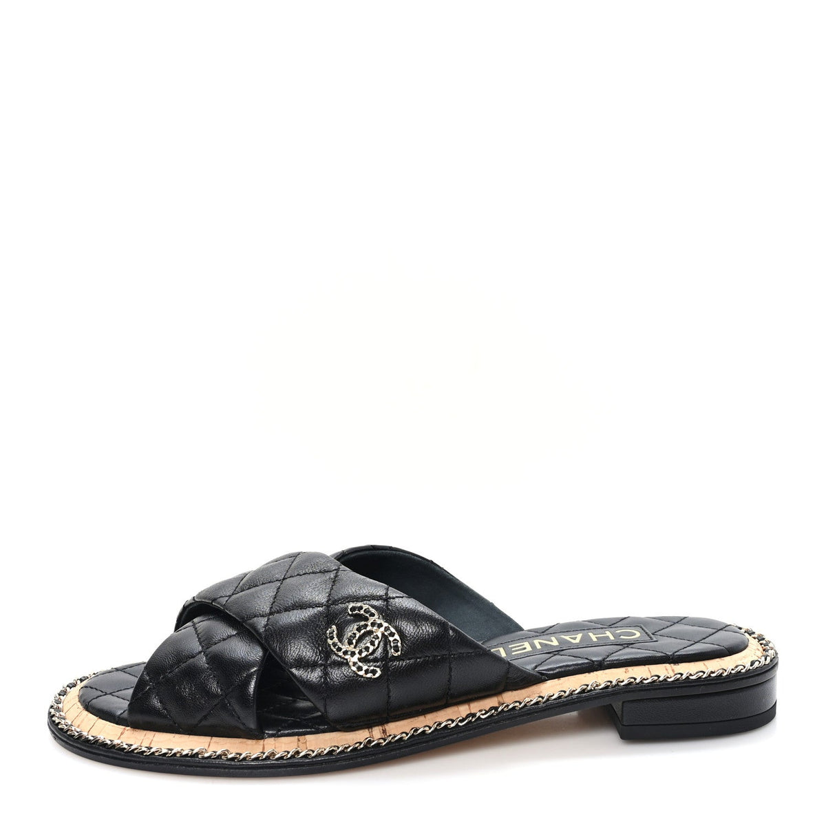 Shiny Lambskin Quilted Chain CC Sandals Black