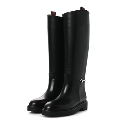 Gucci Shiny Calfskin Women's Michelangelo Slim Horsebit Riding Boots 38 Black