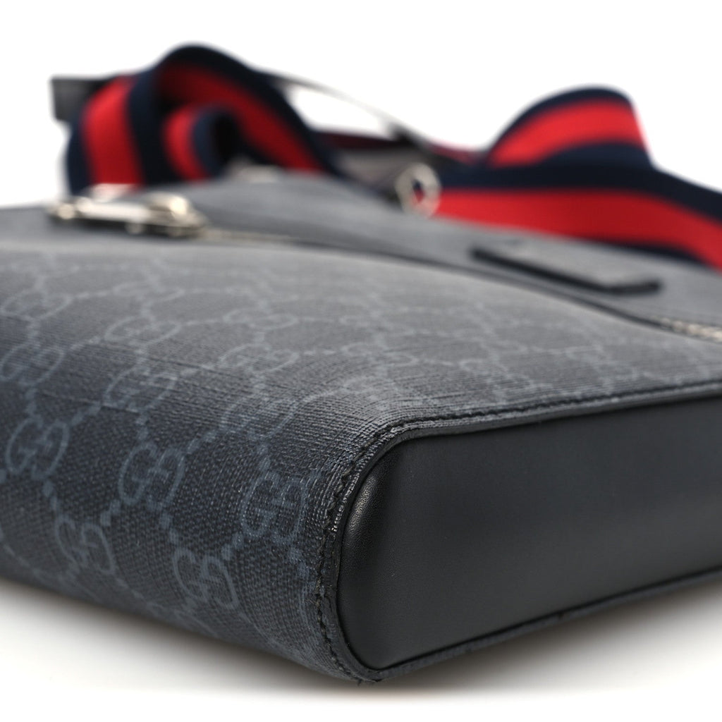 Gucci GG Supreme Calfskin Web Flat Messenger Bag Black Grey