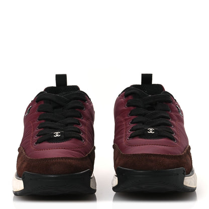 Chanel Nylon Suede Calfskin Women's CC Sneakers 38 Burgundy Brown