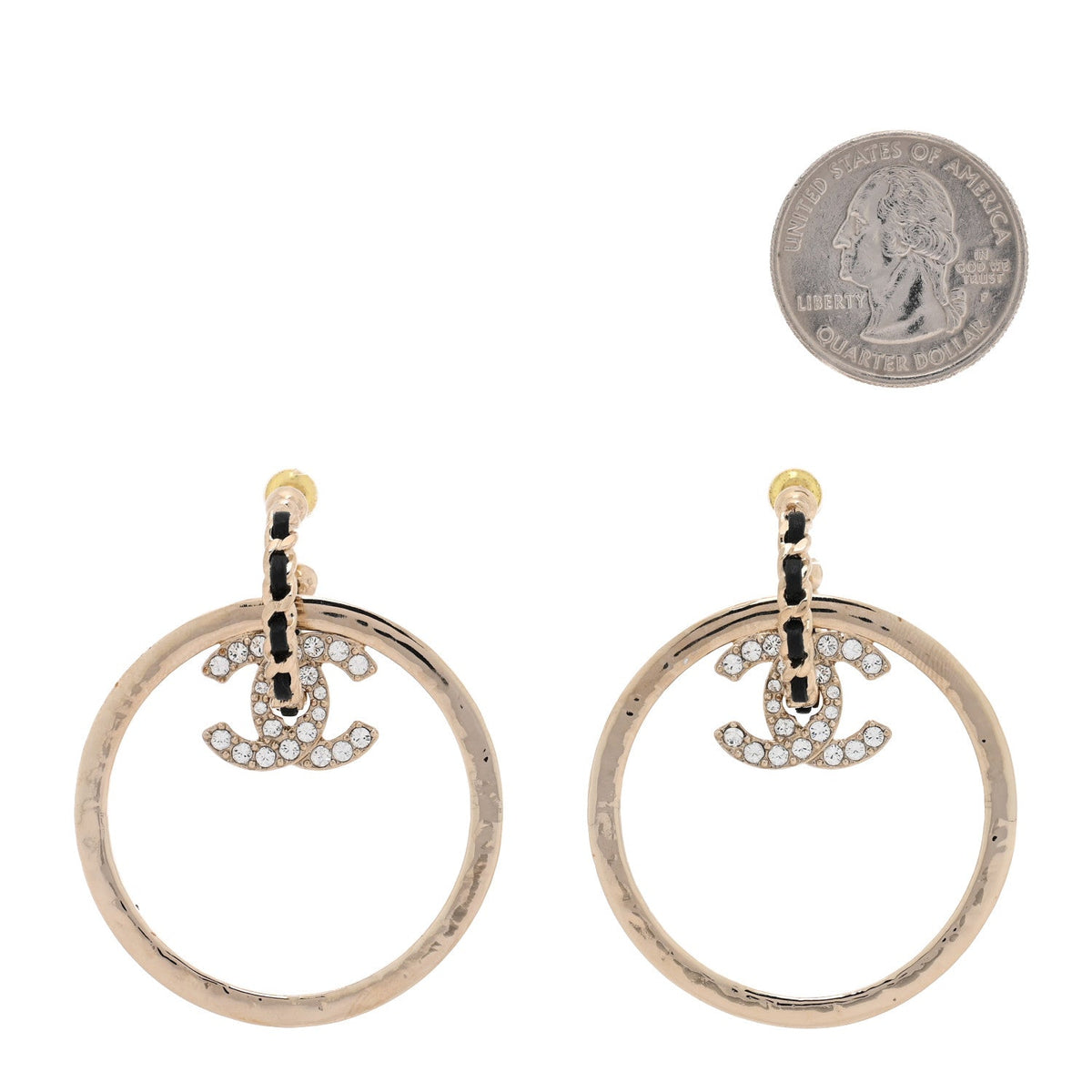 Metal Crystal Lambskin CC Chain Hoop Earrings Gold Black