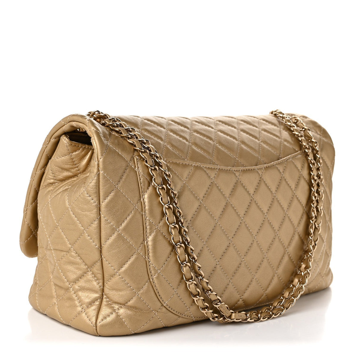 Chanel Metallic Calfskin Quilted Small XXL Travel Flap Bag Gold