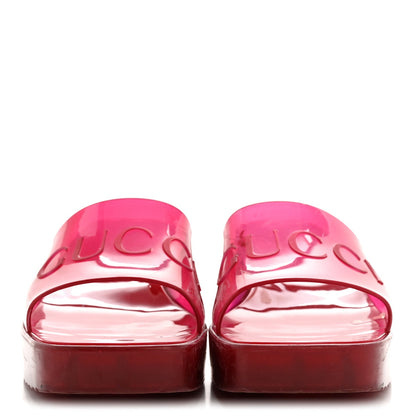 Gucci Rubber Logo Women's Platform Slide Sandals 38 Transparent Hibiscus Red